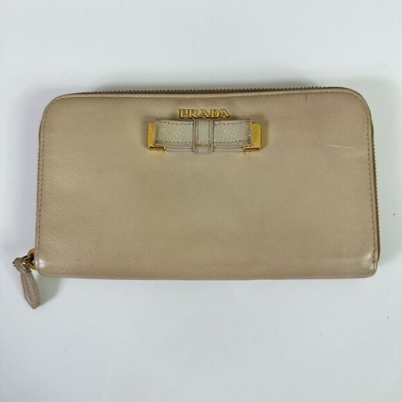 Prada Ribbon Beige Long Zippy Wallet Full Zip Leather - Picture 1 of 16